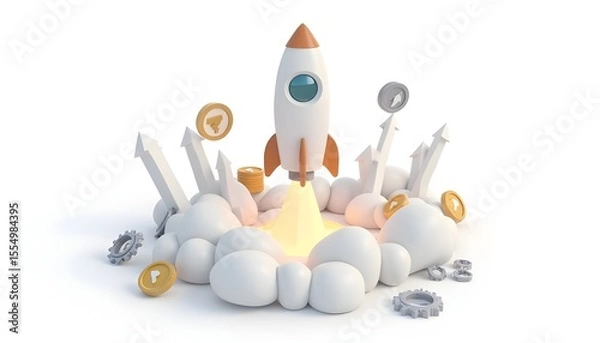 Fototapeta Business startup launch concept with a 3D rocket, growth arrows, coins, and gears on a white background.