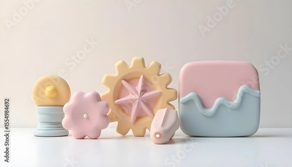 Fototapeta Collection of abstract 3D geometric and organic shapes in a soft pastel color palette on a white surface.