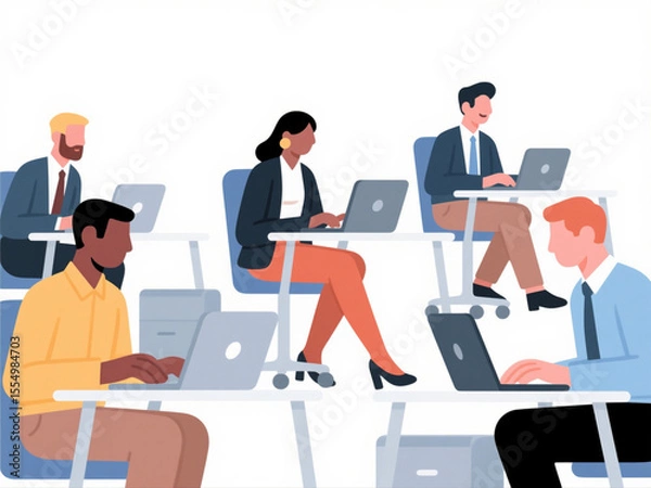 Fototapeta Vector illustration of diverse business people working on laptops in modern office, minimal color palette on white background