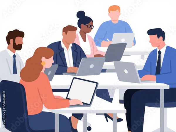 Obraz Vector illustration of diverse business people working on laptops in modern office, minimal color palette on white background