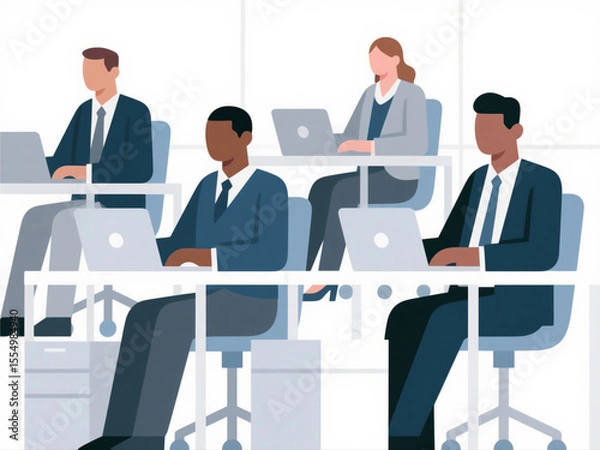 Obraz Vector illustration of diverse business people working on laptops in modern office, minimal color palette on white background