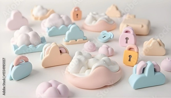 Fototapeta Abstract background with various cute 3D pastel icons representing cloud technology and security locks.