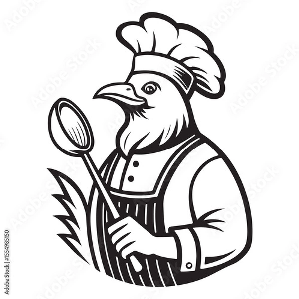 Fototapeta cartoon vector illustration of a chef holding a chicken and a spoon with a smiling face and chef hat