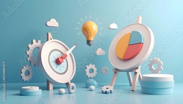 Fototapeta Business intelligence and strategy concept with 3D icons of a target, pie chart, lightbulb for ideas, and gears.