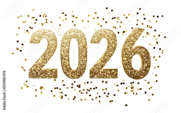 Fototapeta Bold golden 2026 numbers surrounded by sparkling confetti to celebrate the arrival of the New Year in style isolated on transparent background PNG