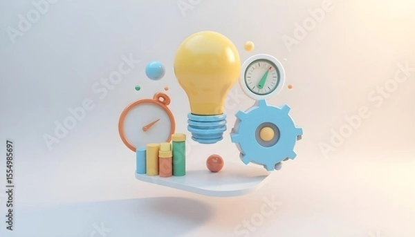 Fototapeta Business productivity and efficiency concept with 3D icons of a lightbulb, clock, gauge, and charts.
