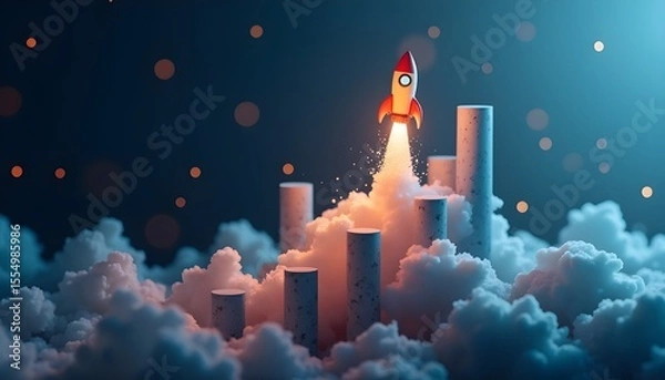 Fototapeta Business success and growth metaphor with a rocket launching through clouds above chart-like pillars.