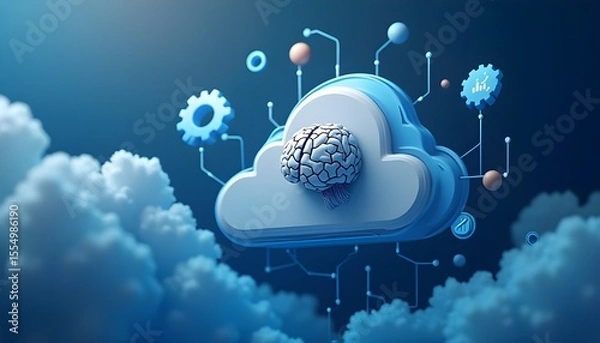 Fototapeta Artificial intelligence in cloud computing concept, with a brain inside a cloud icon connected to data processing elements.
