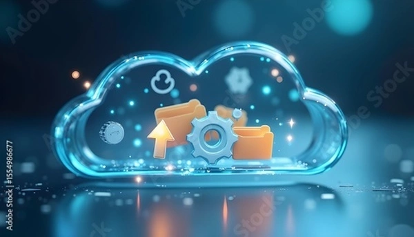 Fototapeta Cloud data synchronization process showing file upload and settings management inside a glassy cloud icon.