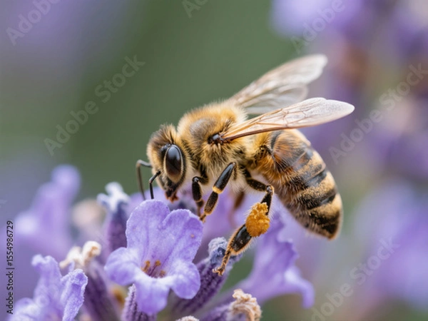Fototapeta Macro photography of a honeybee on lavender flower with natural light, sharp details, blurred background (bokeh)
