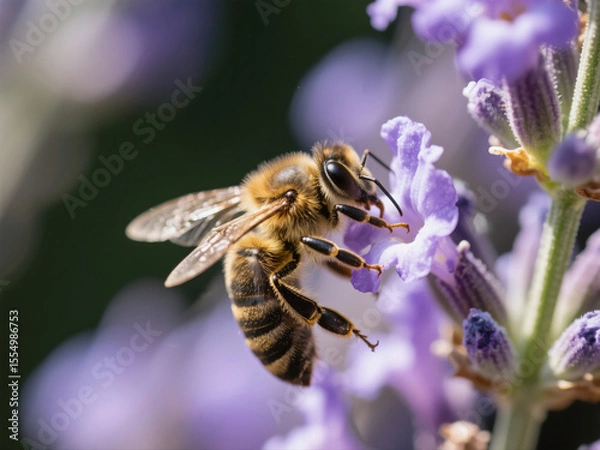 Fototapeta Macro photography of a honeybee on lavender flower with natural light, sharp details, blurred background (bokeh)
