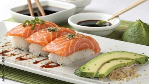 Fototapeta Salmon nigiri avocado slices soy sauce sushi