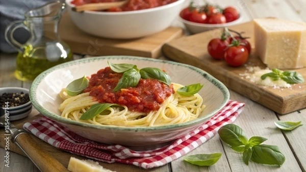 Fototapeta Spaghetti with tomato sauce and basil parmesan cheese