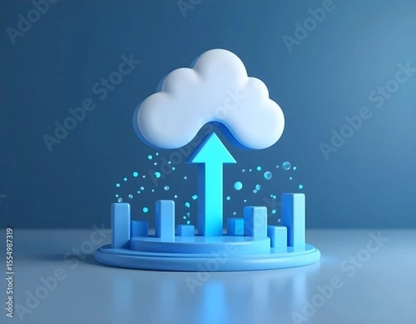 Fototapeta Cloud data upload and business growth concept with upward arrow and bar charts.