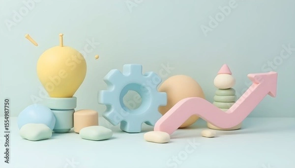 Fototapeta Creative business growth and innovation strategy concept with 3D pastel icons of a lightbulb, gear, and upward arrow.