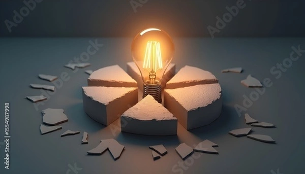 Fototapeta Disruptive innovation concept with a glowing lightbulb at the center of a broken pie chart, representing a new idea changing the market.