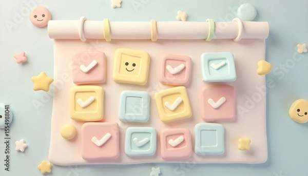 Fototapeta Cute and playful task management concept with a pastel-colored calendar or checklist with checkmarks.