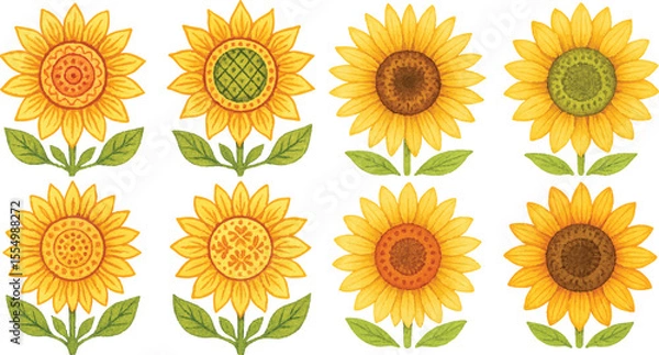 Fototapeta Hand-Drawn Watercolor Sunflower Illustration Set Colorful Single Bloom Floral Elements with Petals and Leaves, Isolated Transparent Background for Botanical Art, Packaging, and Decor | Generative AI