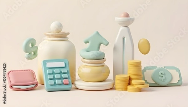 Fototapeta Financial planning and accounting concept with a collection of 3D pastel icons including calculator, money, and growth arrow.