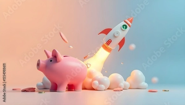 Fototapeta Financial growth and investment success concept, with a rocket launching behind a pink piggy bank.