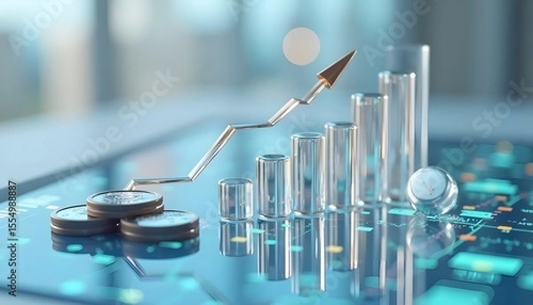 Fototapeta Financial technology concept with a digital bar chart, coins, and a growth arrow on a futuristic interface.