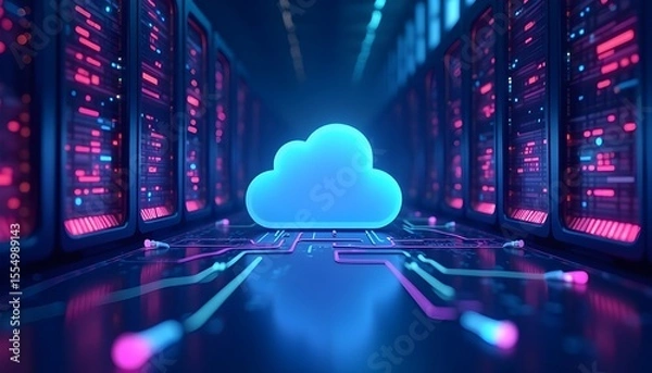 Fototapeta Futuristic server room in a data center with a central glowing cloud icon on a circuit path, representing cloud infrastructure.
