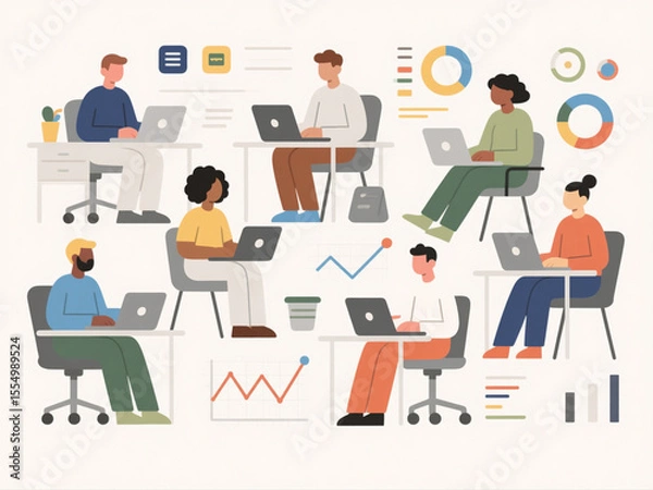 Obraz Vector illustration of diverse business people working on laptops in modern office, minimal color palette on white background