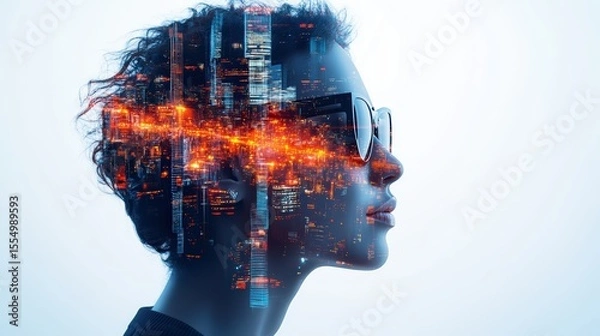 Fototapeta Futuristic digital cityscape overlay on woman's profile illustrating technology and innovation in urban environments