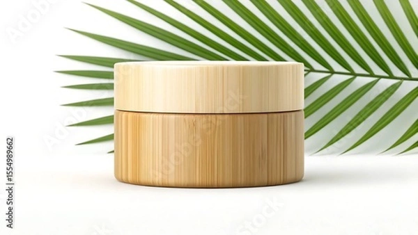 Fototapeta refillable cosmetic eco packaging concept Natural bamboo container with a palm leaf backdrop, perfect for eco-friendly product displays.