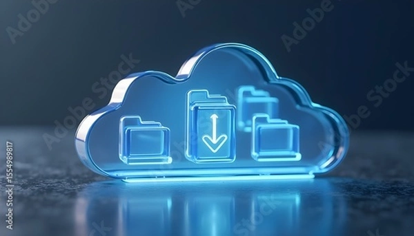 Fototapeta Glowing blue glass icon representing cloud storage, file sharing, and data download from online folders.