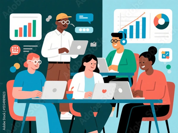 Obraz Vector illustration of diverse business people working on laptops in modern office, minimal color palette on white background