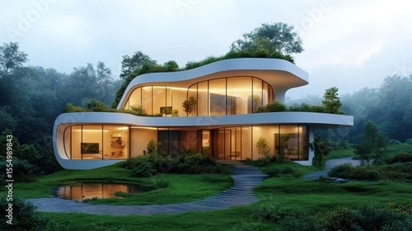 Fototapeta Modern futuristic house with curvilinear design and large glass surrounded by lush greenery landscape