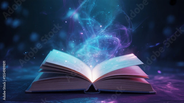 Obraz Open Book with Magical Light Effects in Dark Background