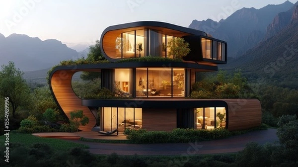 Fototapeta Modern futuristic multi-level house with curved design and large glass set in nature landscape with mountains