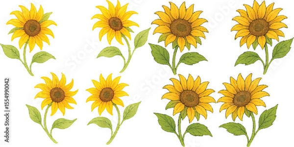 Fototapeta Hand-Drawn Watercolor Sunflower Illustration Set Colorful Single Bloom Floral Elements with Petals and Leaves, Isolated Transparent Background for Botanical Art, Packaging, and Decor | Generative AI