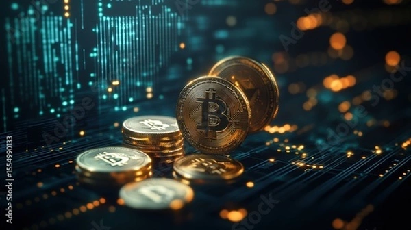 Fototapeta Close-up view of physical Bitcoin coins on digital financial technology background with glowing data lines and futuristic theme