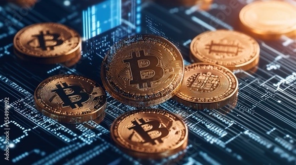 Fototapeta Traditional physical Bitcoins in hand with digital blockchain financial data and cryptocurrency market analysis