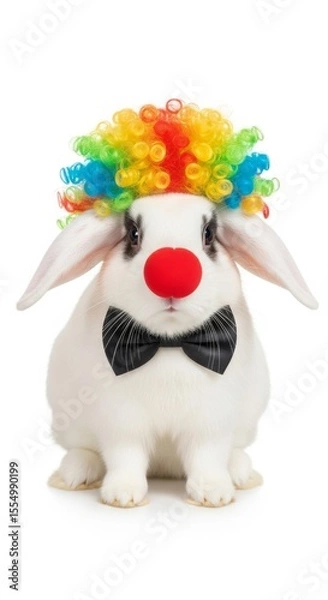 Obraz rabbit dressed as a clown with a colorful wig, red nose, and bow tie. Humorous and surreal animal portrait on white background