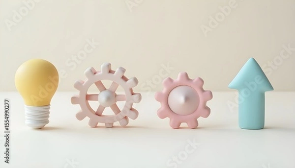 Fototapeta Innovation and growth process concept shown in a lineup of 3D pastel icons: idea, process, and progress.