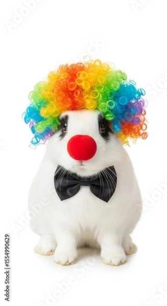 Obraz rabbit dressed as a clown with a colorful wig, red nose, and bow tie. Humorous and surreal animal portrait on white background