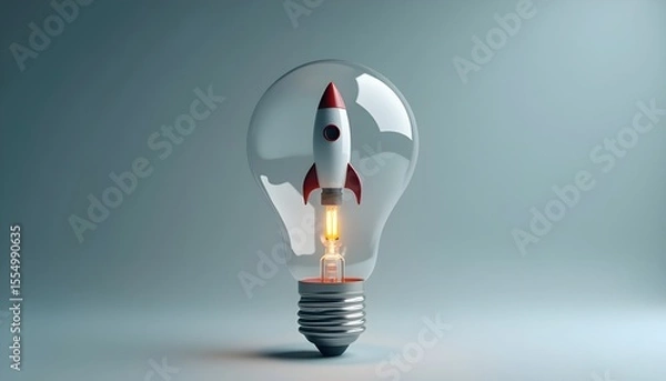 Fototapeta Innovative startup idea concept shown as a rocket launching inside a glass lightbulb.