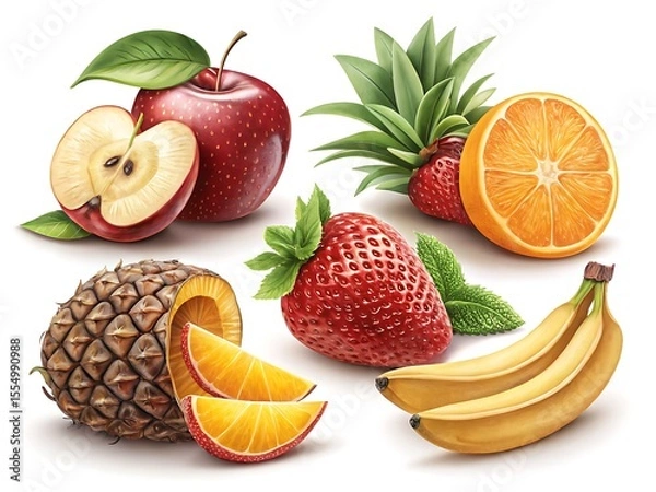 Obraz Assortment of fresh ripe fruits including apple strawberry pineapple orange and bananas isolated on white background