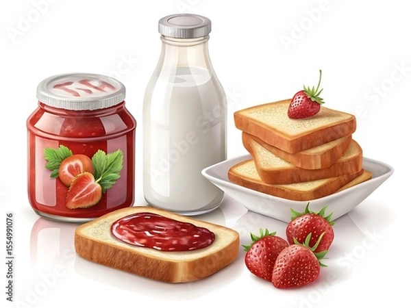 Obraz Delicious breakfast spread with toast strawberry jam fresh strawberries and milk isolated on white background
