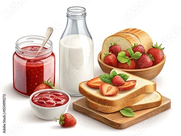 Obraz Delicious strawberry jam and fresh milk with sliced bread and strawberries isolated on white background