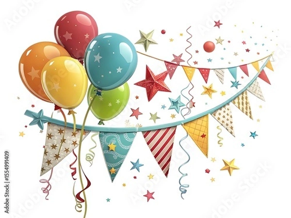 Obraz Festive celebration balloons and bunting with stars and confetti isolated on white background