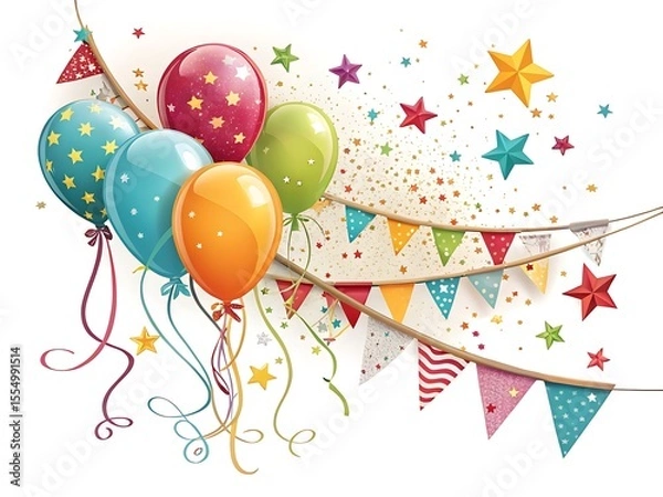 Obraz Festive colorful balloons and star confetti with bunting flags isolated on white background