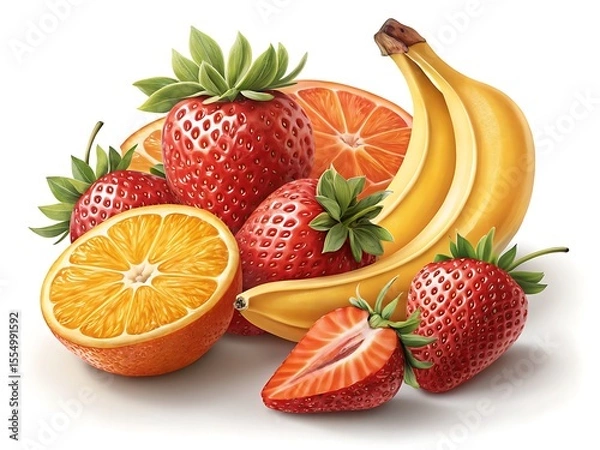 Obraz Fresh strawberries oranges and bananas composition isolated on white background