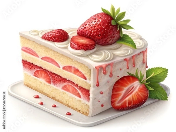 Obraz Delicious slice of strawberry shortcake with fresh strawberries and whipped cream isolated on white background