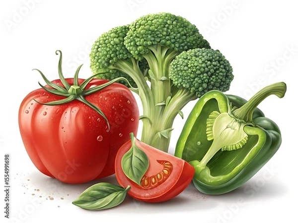 Obraz Fresh ripe tomato broccoli and green bell pepper with basil leaves isolated on white background