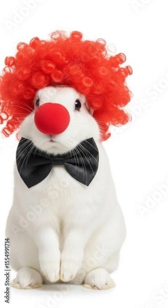 Obraz rabbit dressed as a clown with a colorful wig, red nose, and bow tie. Humorous and surreal animal portrait on white background